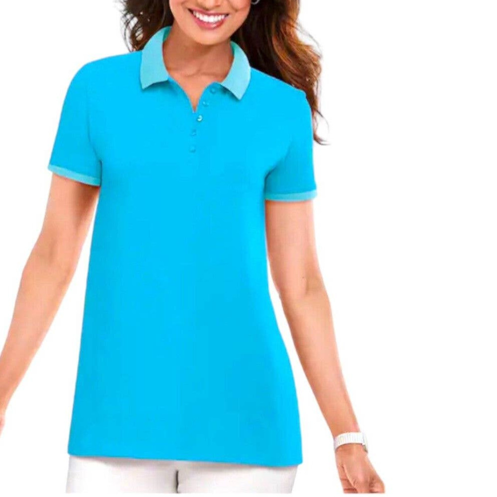 Monroe & Main Contrast Collar Polo Blue Business Casual Short Sleeve Golf Top